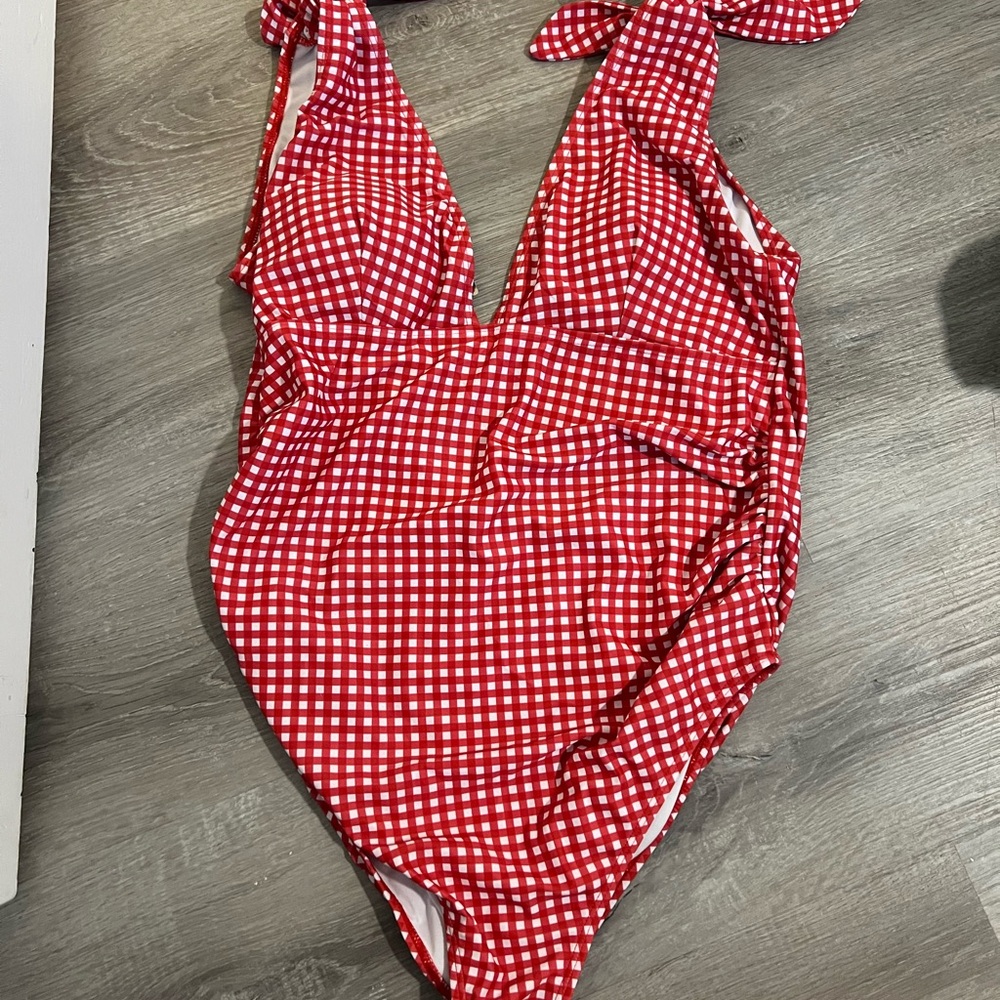 Maternity Red and White Gingham One Piece Swimsuit with Ruffles